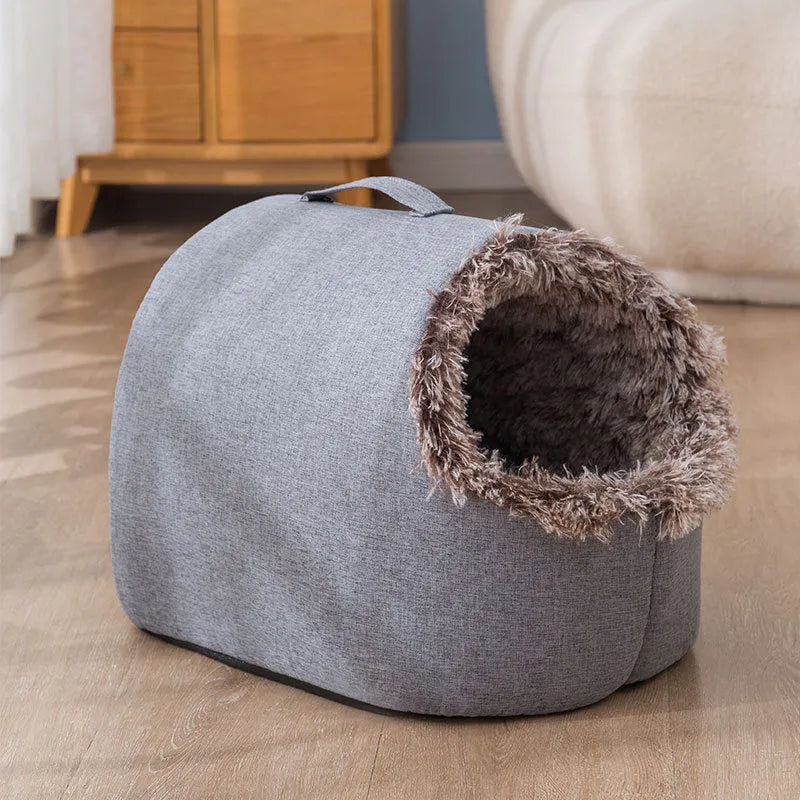 Grey fleece-lined closed cat sleeping bag for winter, shown next to a brown version.