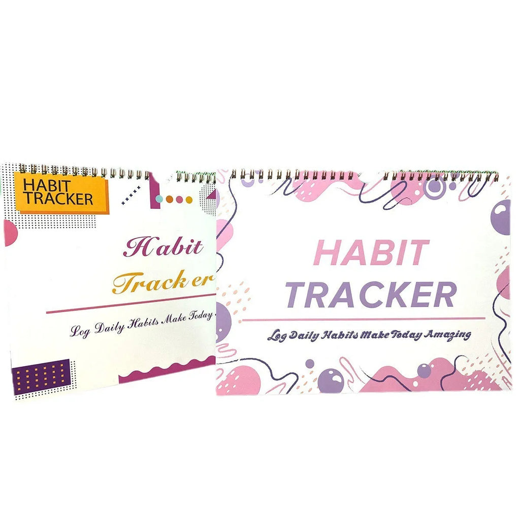 Habit tracking journal in four colour options showing 21cm × 28cm size
