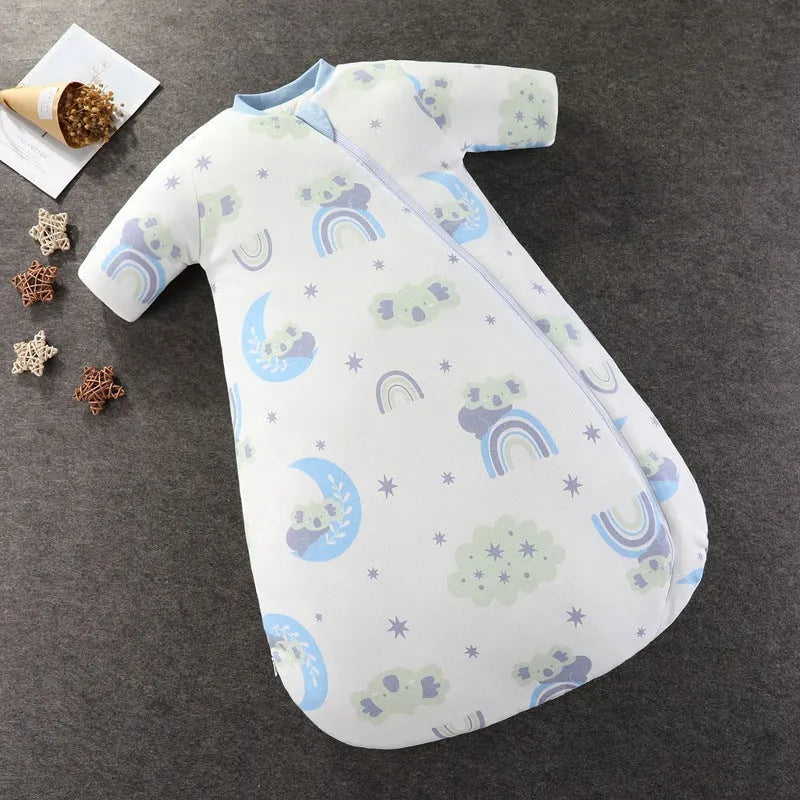 Baby pure cotton anti-kick quilt sleeping bag with cartoon pattern, 80cm length, thickened for autumn winter spring, size M and L