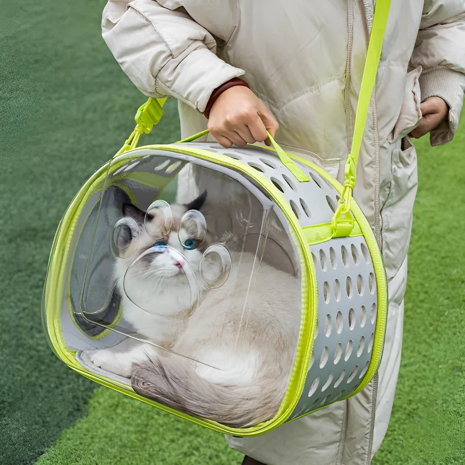 Transparent EVA space capsule cat backpack carrier in grass green colour with large 42x28x35cm interior