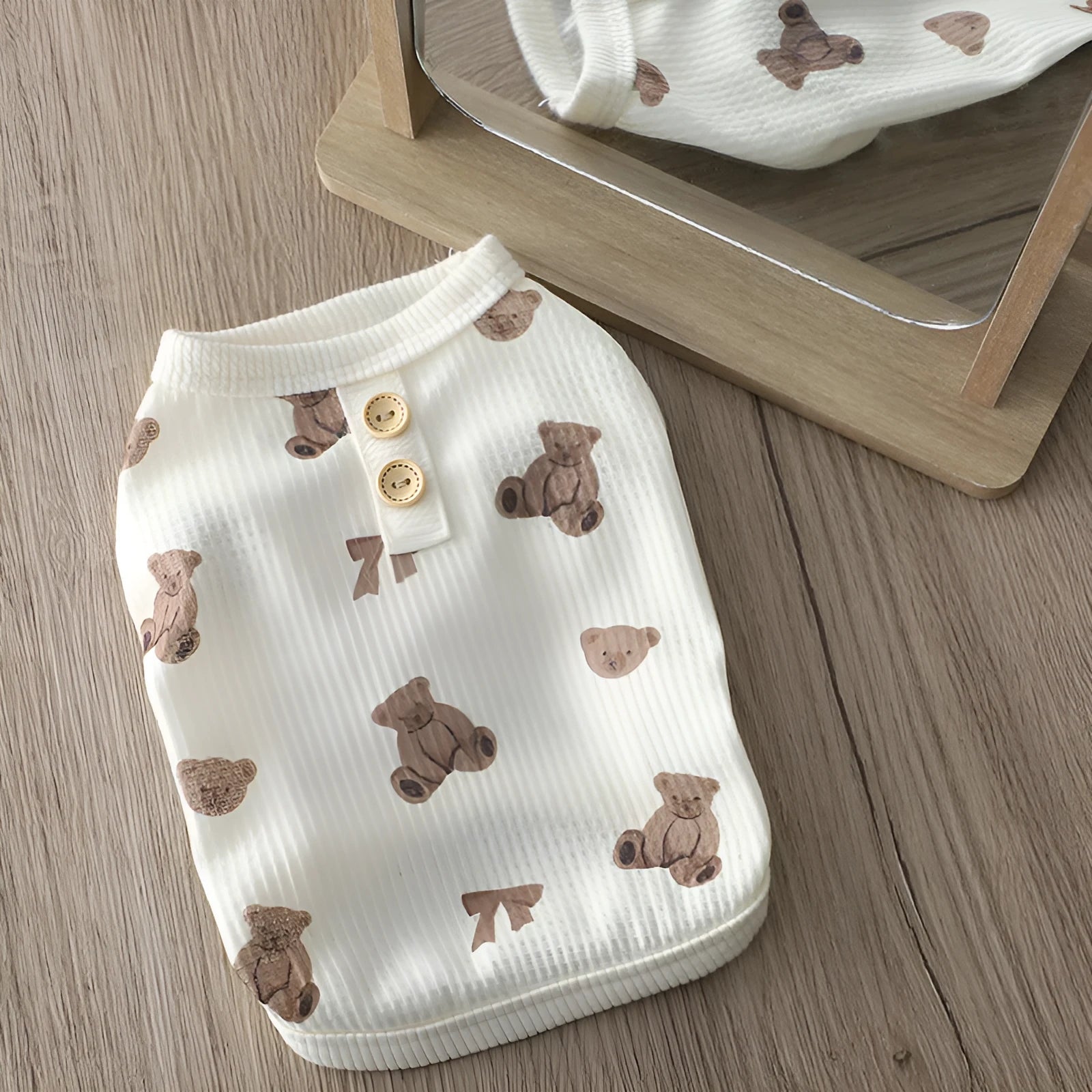 Beige waffle short-sleeve small dog top on a dog, side view, polyester fabric