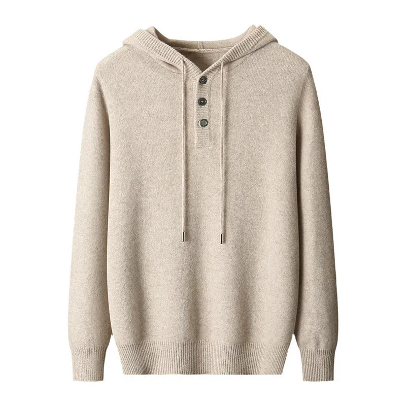 Men's American-style warm button hoodie sweater pullover in light camel, loose fit, standard wool yarn