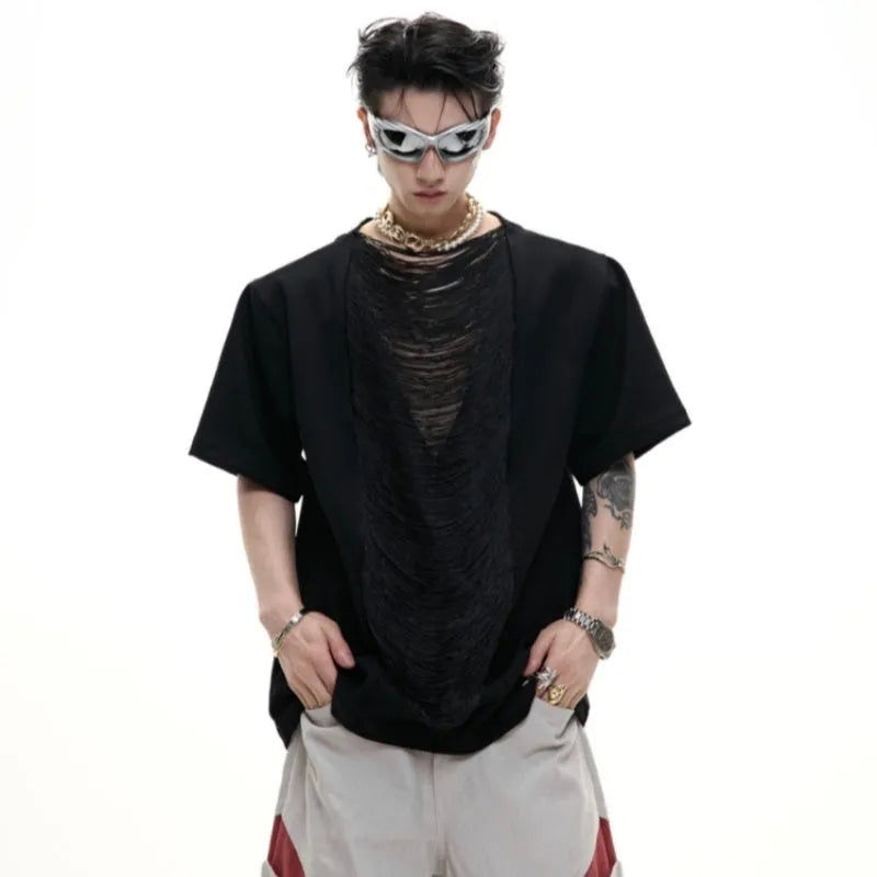 Drum black men's loose T-shirt with a hollow out V-neck and short sleeves.