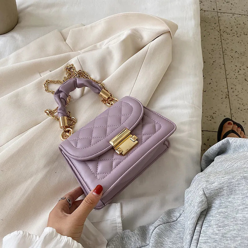Small square shoulder bag with rhombus pattern PU leather in purple colour with crossbody strap