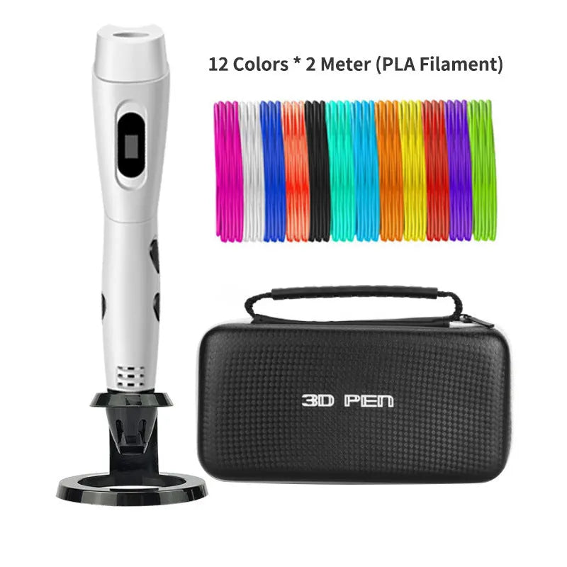 White 3D printing pen with ABS body, USB cable, and PLA consumables in gift box