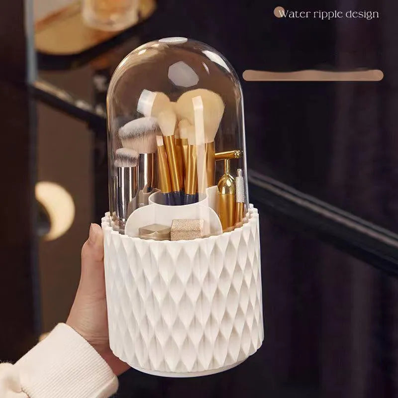 White acrylic makeup brush holder with transparent cover and rotating base for desktop storage