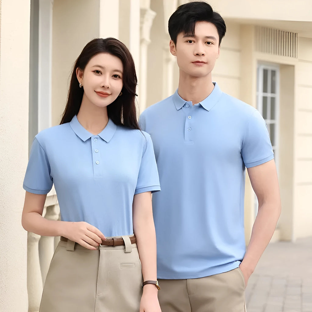 Men's white short sleeve polo t-shirt with a lapel collar, laid flat.
