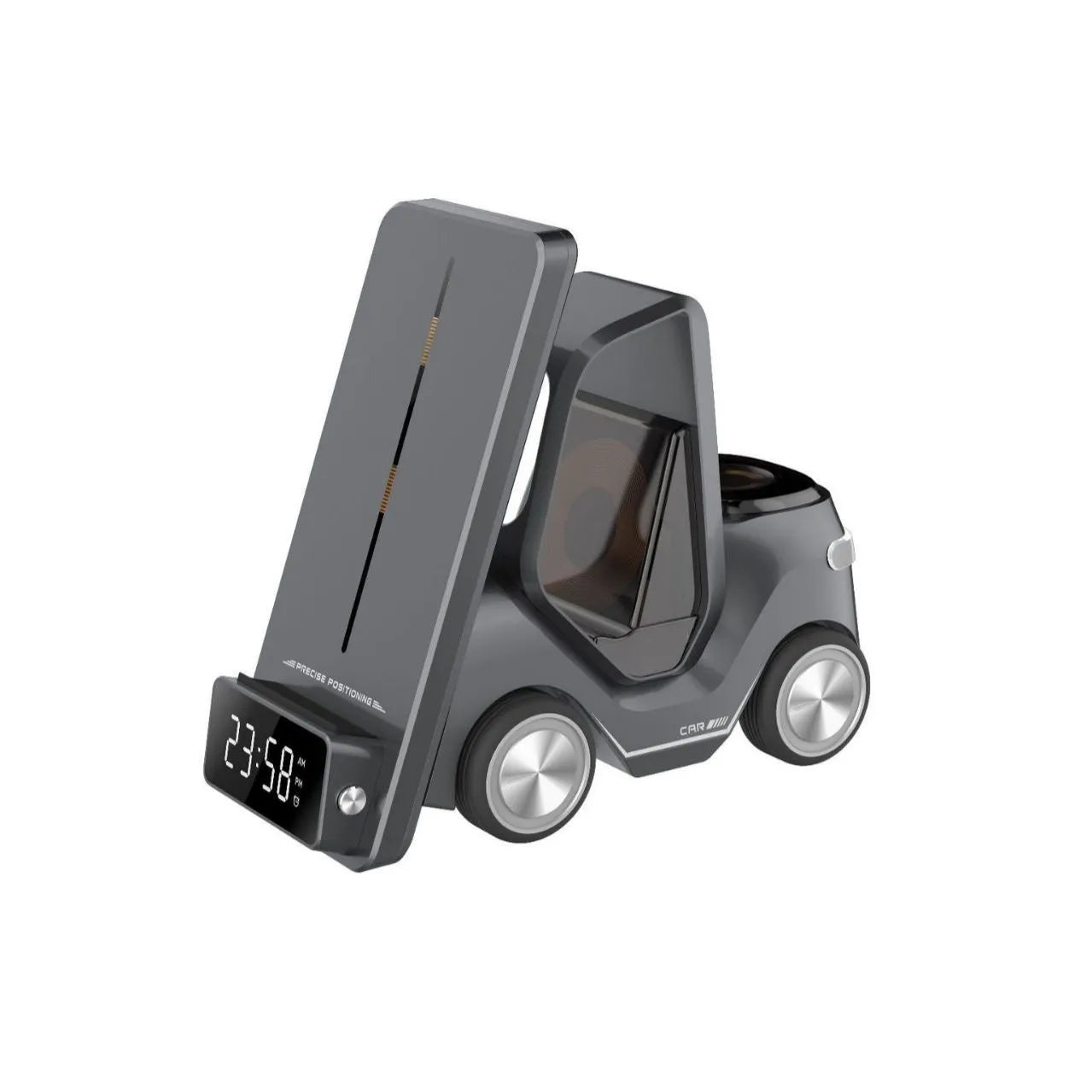 Grey 15W three-in-one wireless charging stand for mobile phones showing its angled design and Type-C port.