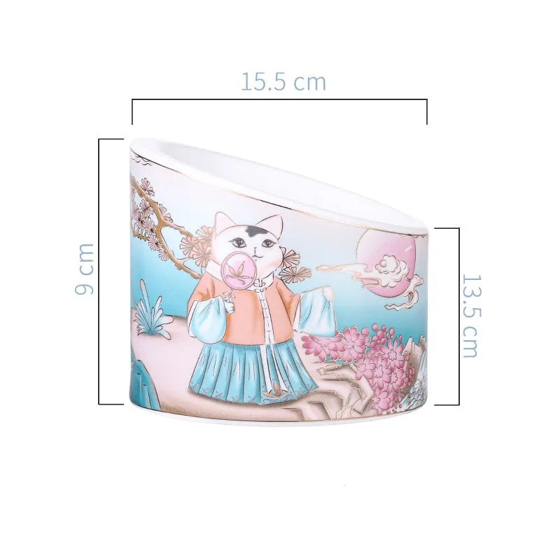 Chinese style ceramic cat bowl with high leg double bowl and oblique mouth shape in universal colour