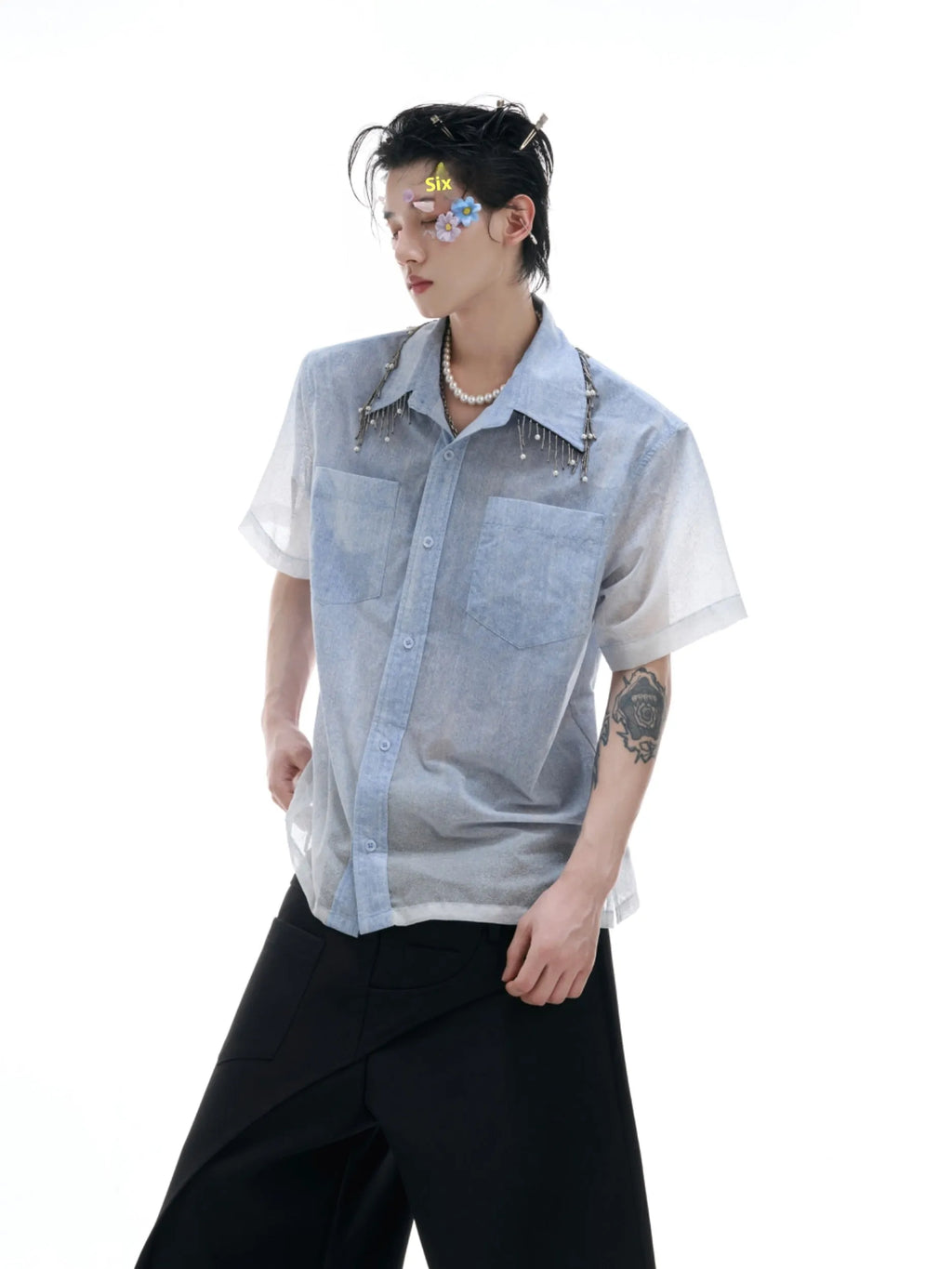 Blue and white gradient short-sleeve loose-fitting shirt for summer casual wear.