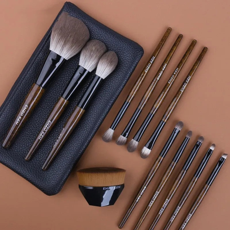 12 piece makeup brush set with wooden handles in a portable PU carry bag