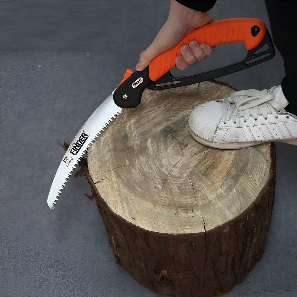 Folding garden trunk saw with 230mm steel blade and TPR grip handle in folded position