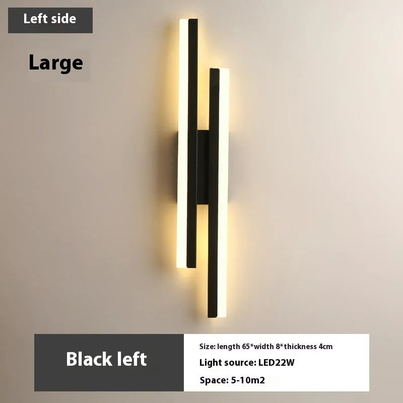 Modern minimalist Scandinavian LED wall light with acrylic shade in black or gold finish, shown in 48cm, 50cm, and 65cm sizes.