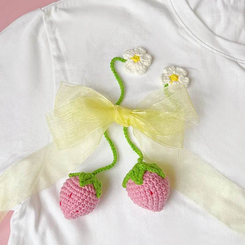 Handmade wool crochet strawberry pendant necklace with red fruit charm on 35cm cord