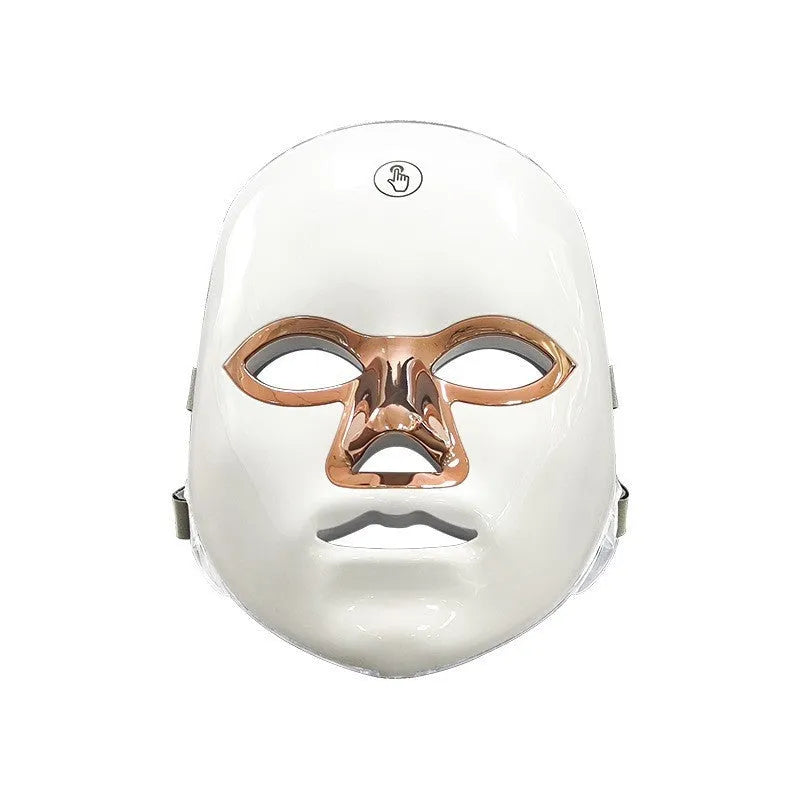 Rechargeable manual touch LED beauty mask in black, white, or rose gold accents on a white background