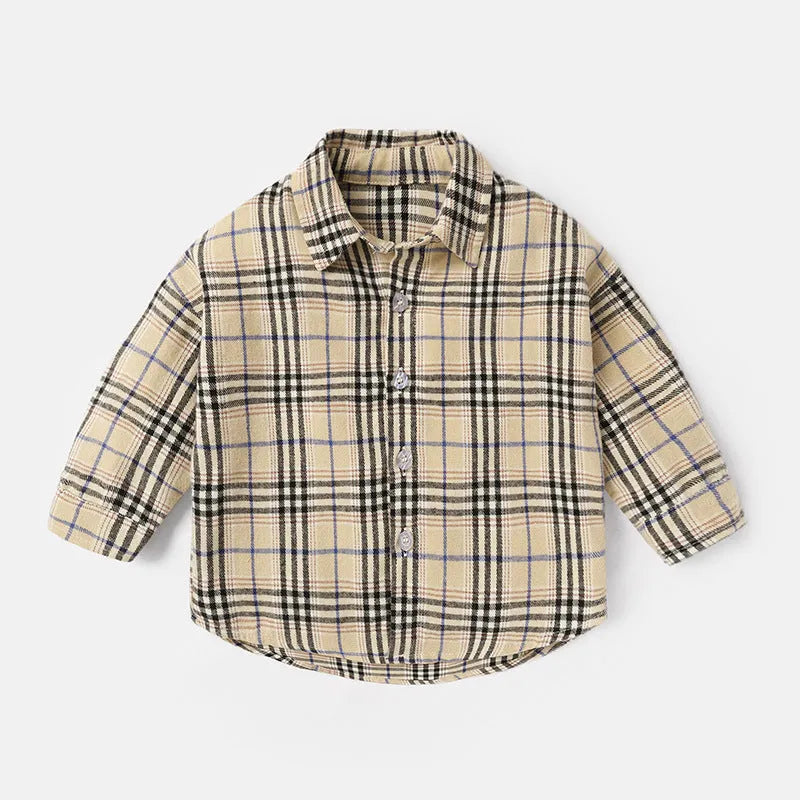 Boys' cotton lattice shirt in khaki, light blue, pink, or yellow with long sleeves for spring and autumn wear