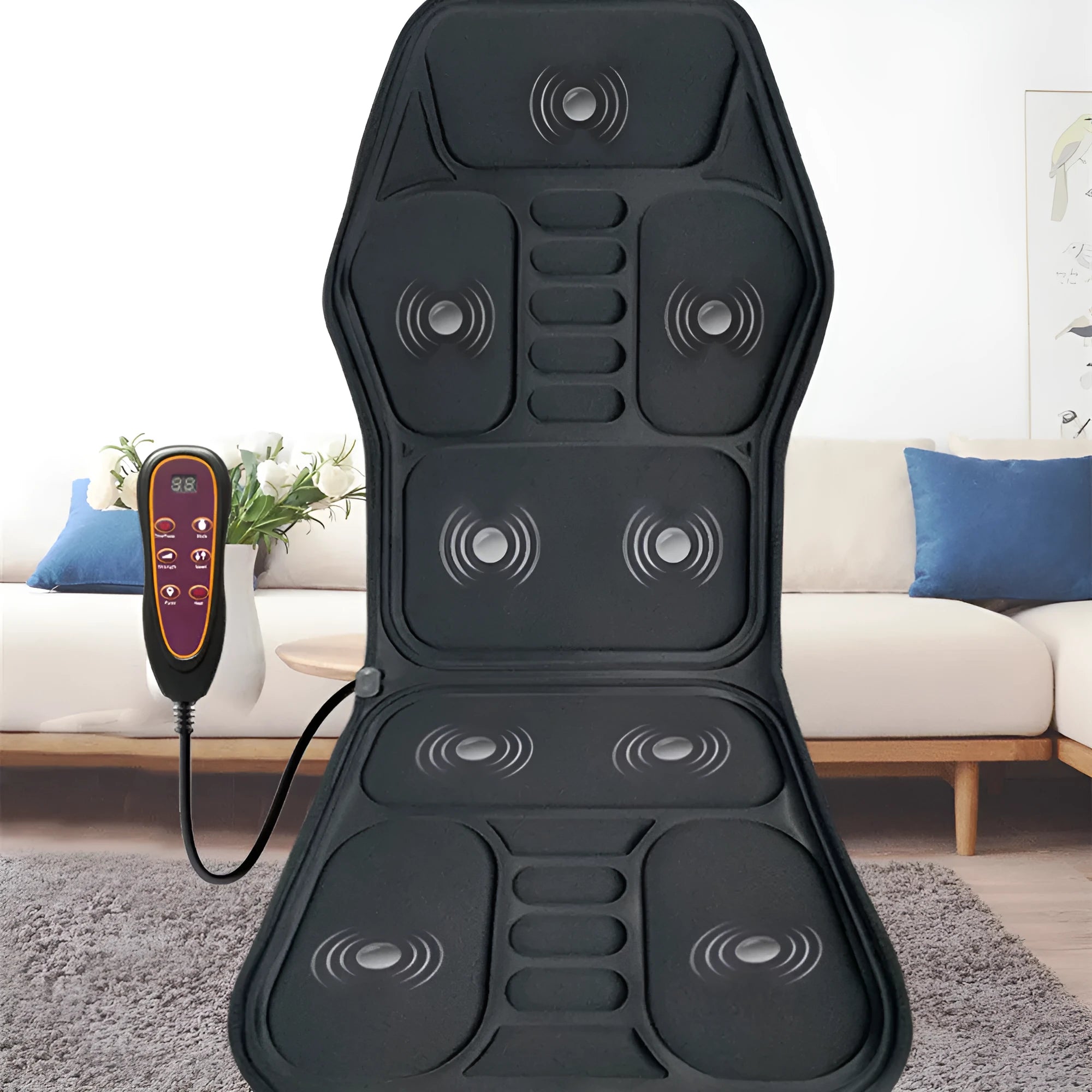 Full body multifunctional massage car mat with handheld remote control, artificial leather fabric, hot compress feature
