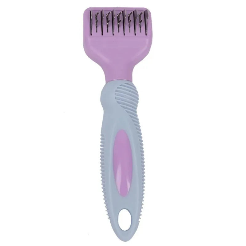 Pink stainless steel dog comb with integrated knot cutting blade for pet grooming