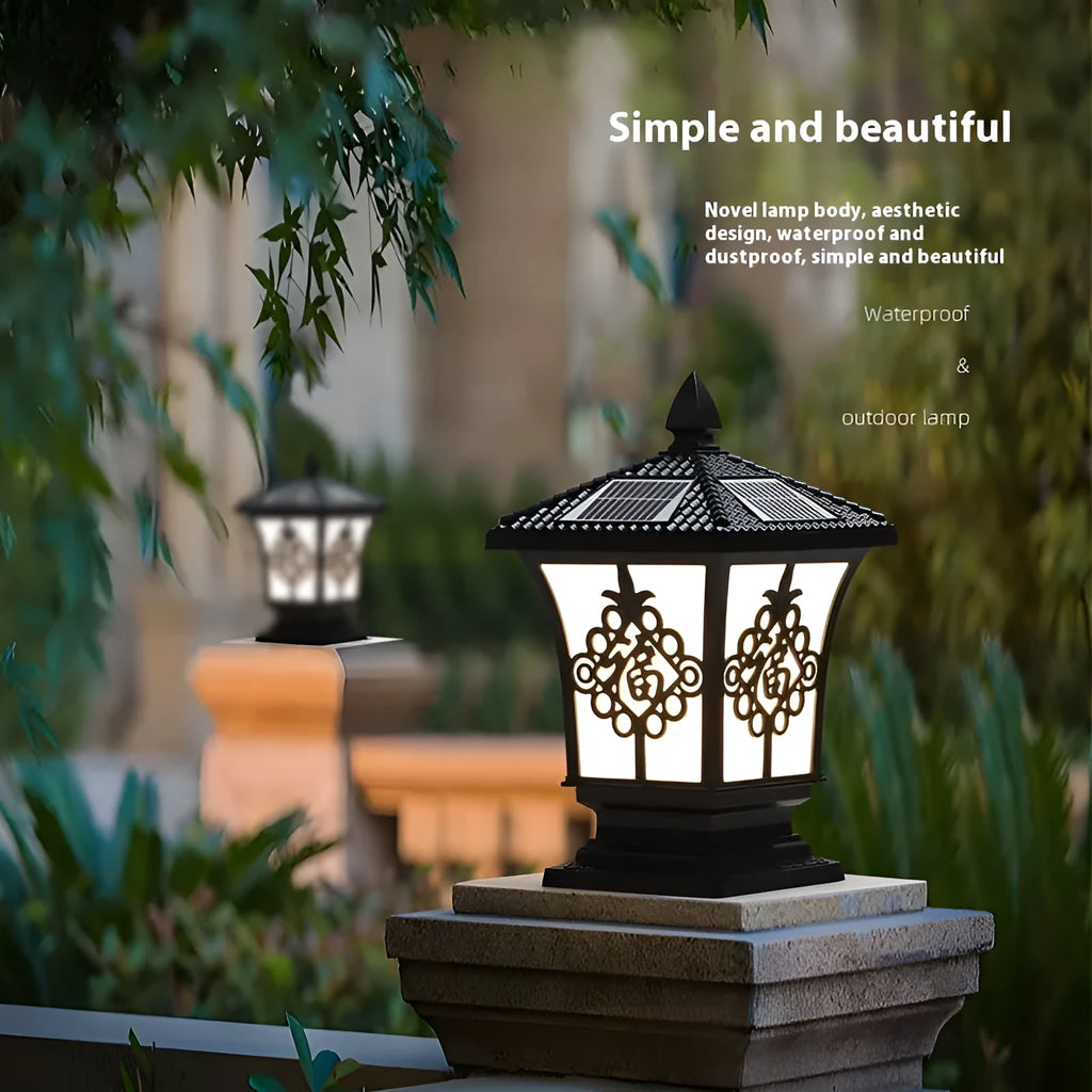 Black solar pillar lamp with flower shape, IP65 waterproof, 12W LED for outdoor garden lighting