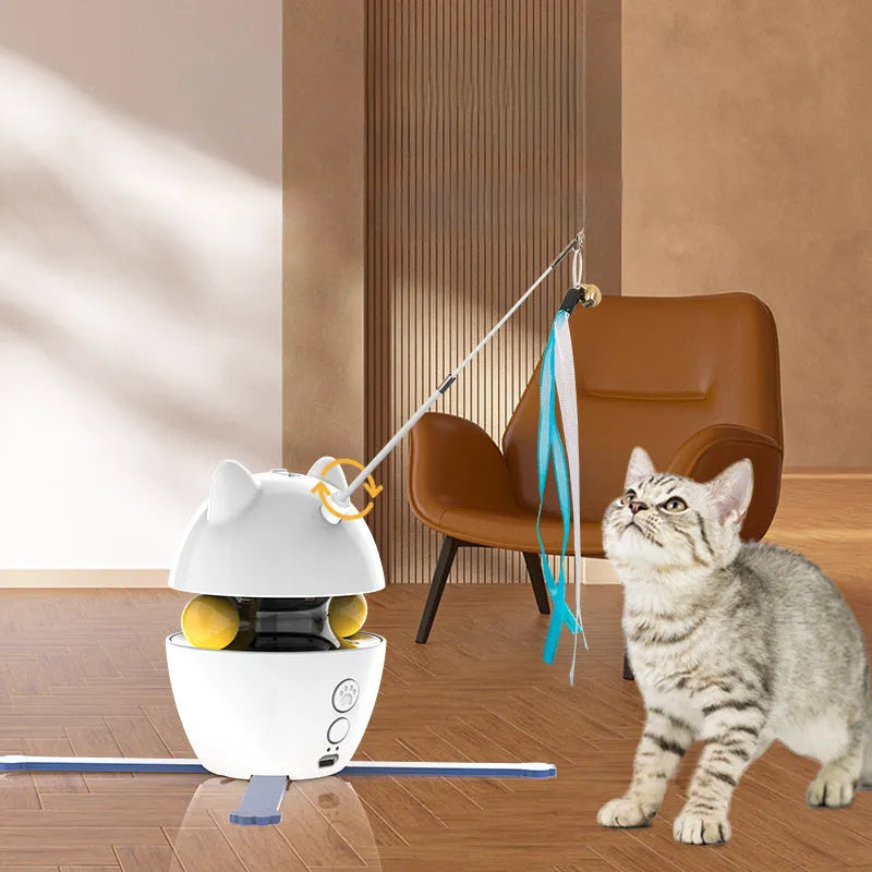 White automatic cat toy with rotating colourful stick and elastic rope for indoor pet entertainment