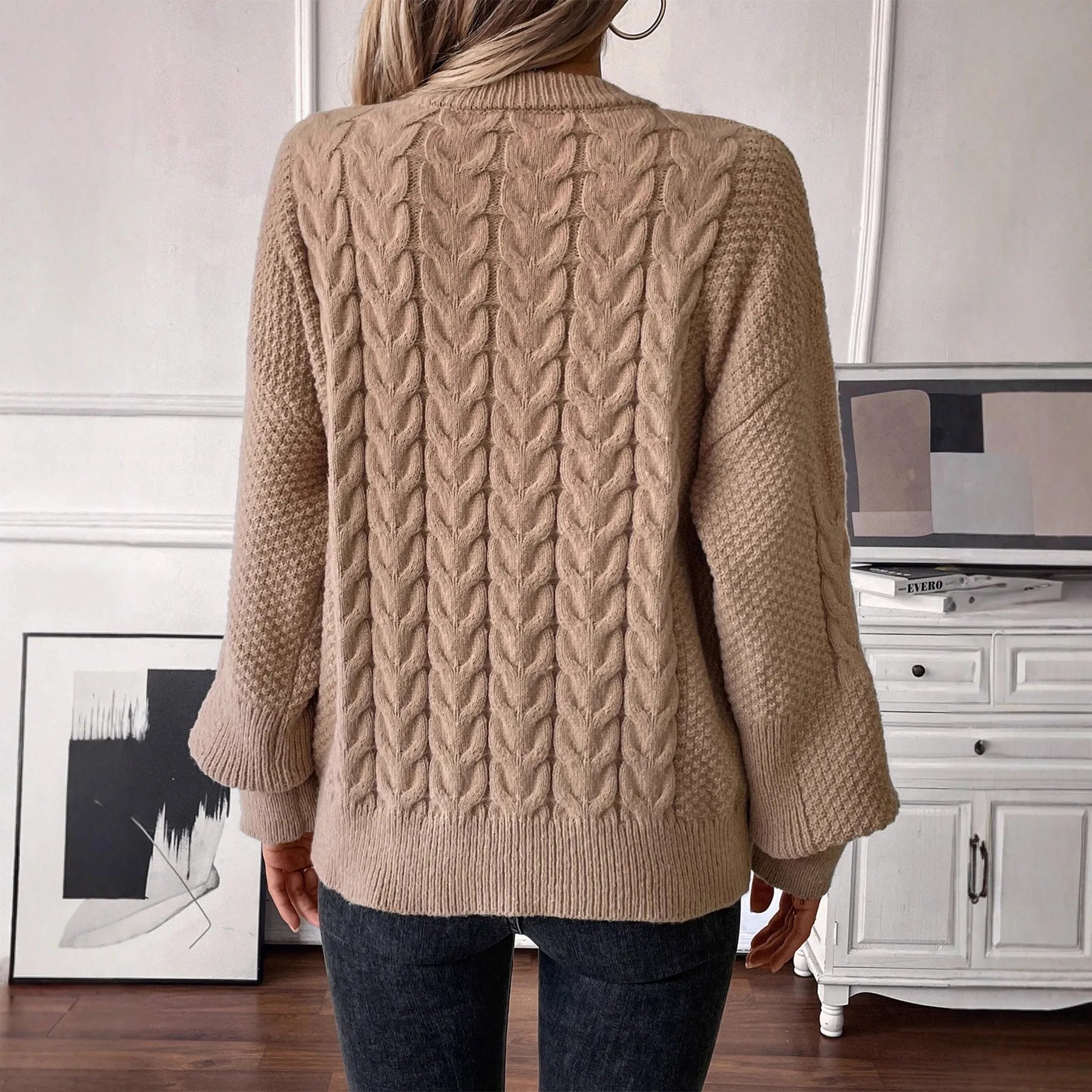 Women's khaki loose sweater with twist detail and round neck