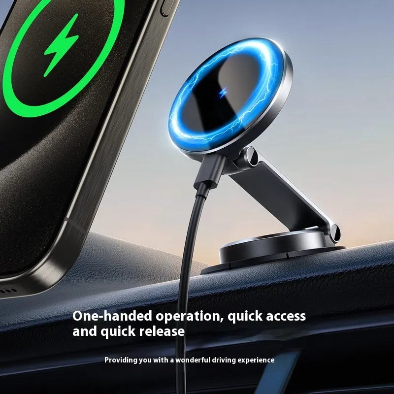 Black wireless charging car phone bracket with paste-style mount for universal vehicle installation