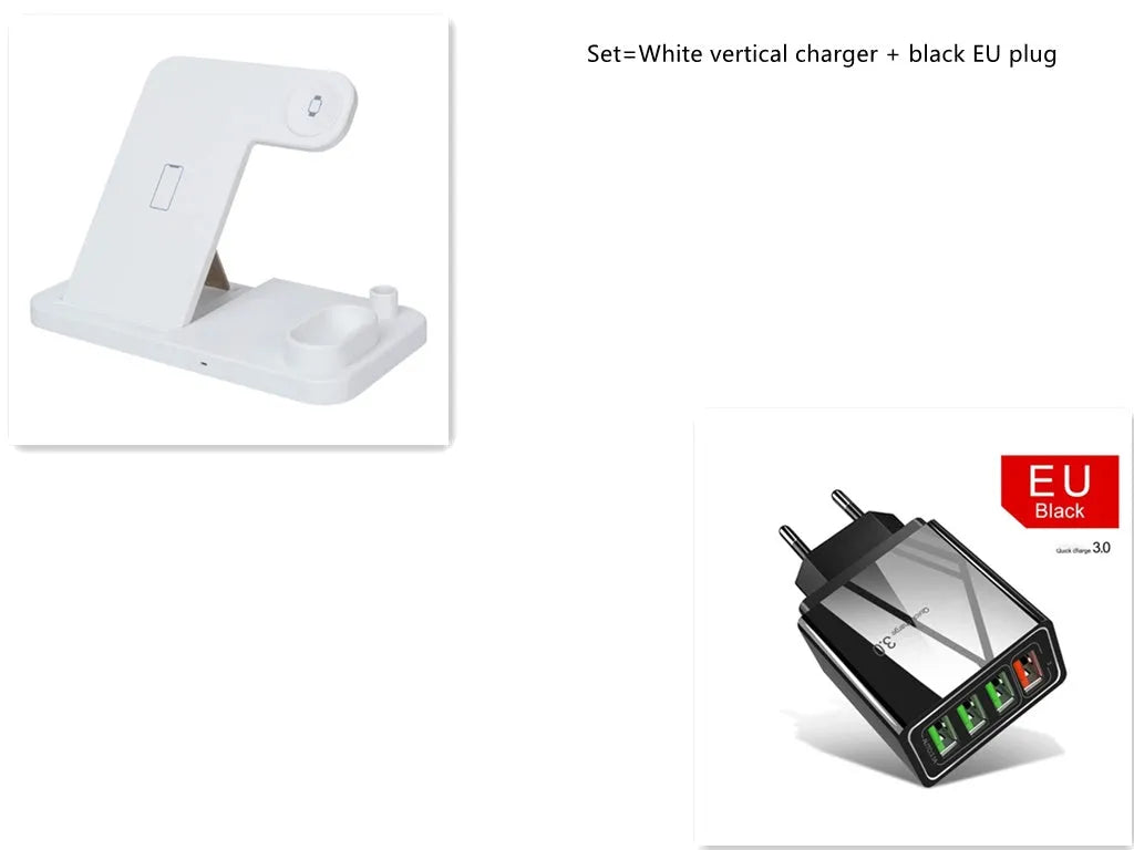Black 4-in-1 wireless charging station with phone on adjustable stand, Apple Watch, and AirPods charging.