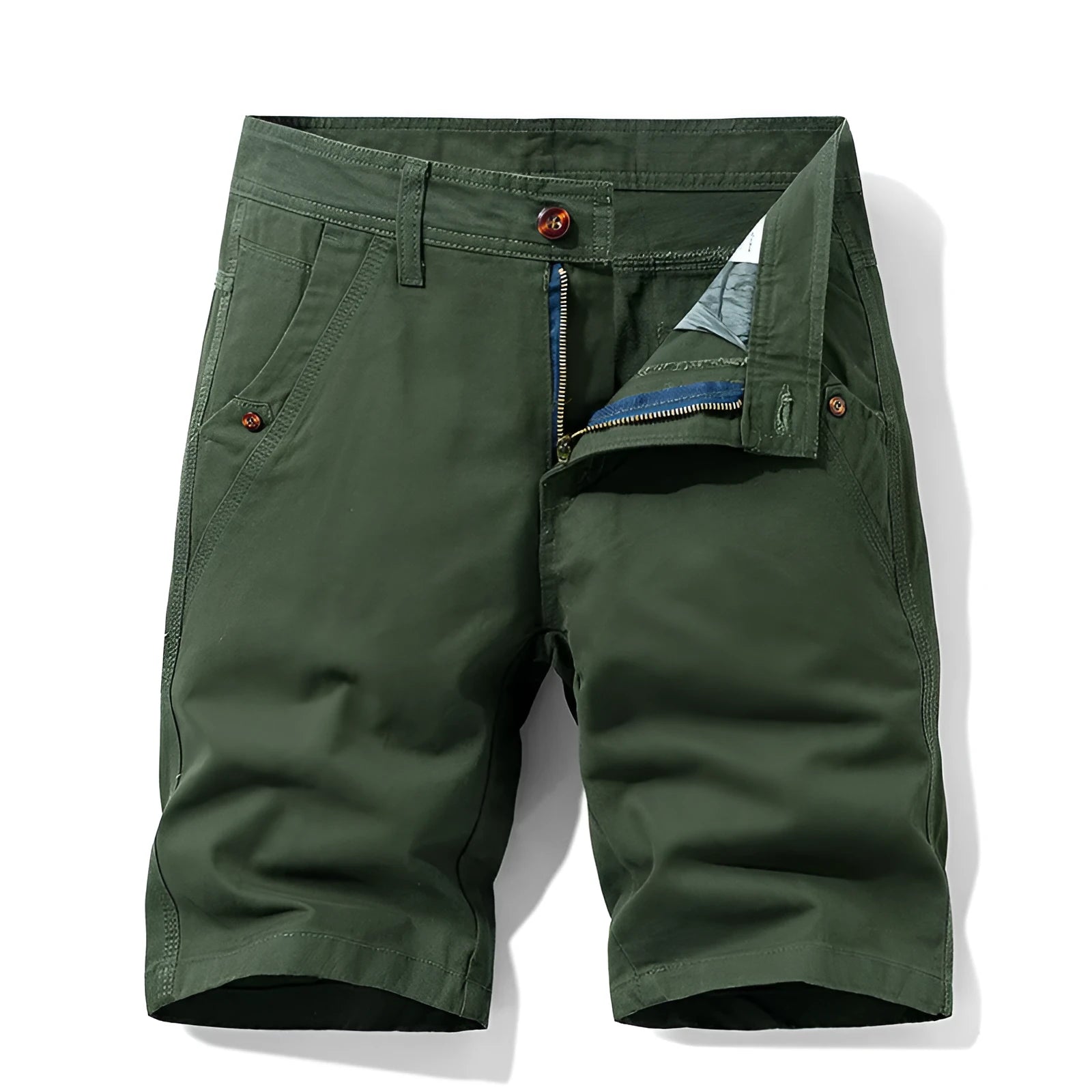 Men's khaki cotton casual overalls with straight legs and a zip fly front closure