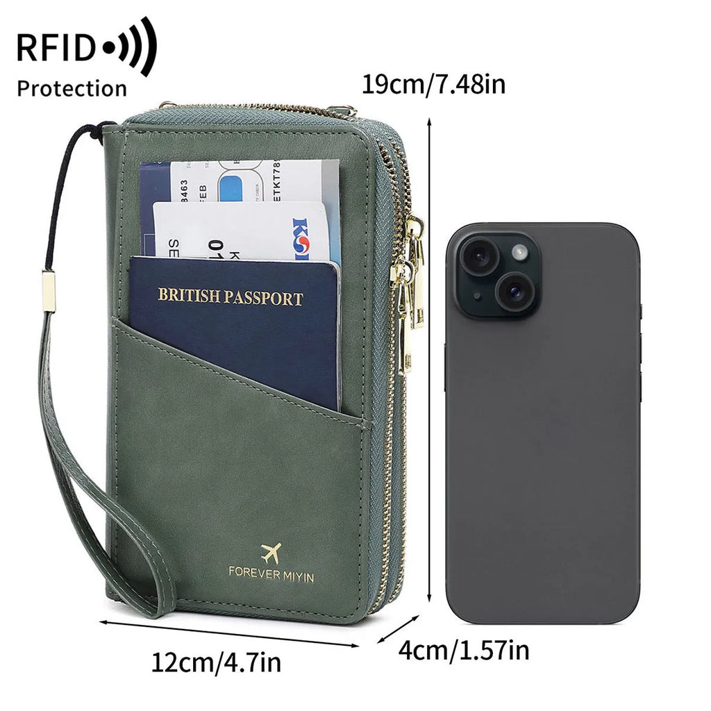 RFID multi-functional double zipper crossbody wallet in black with letter and stitching design