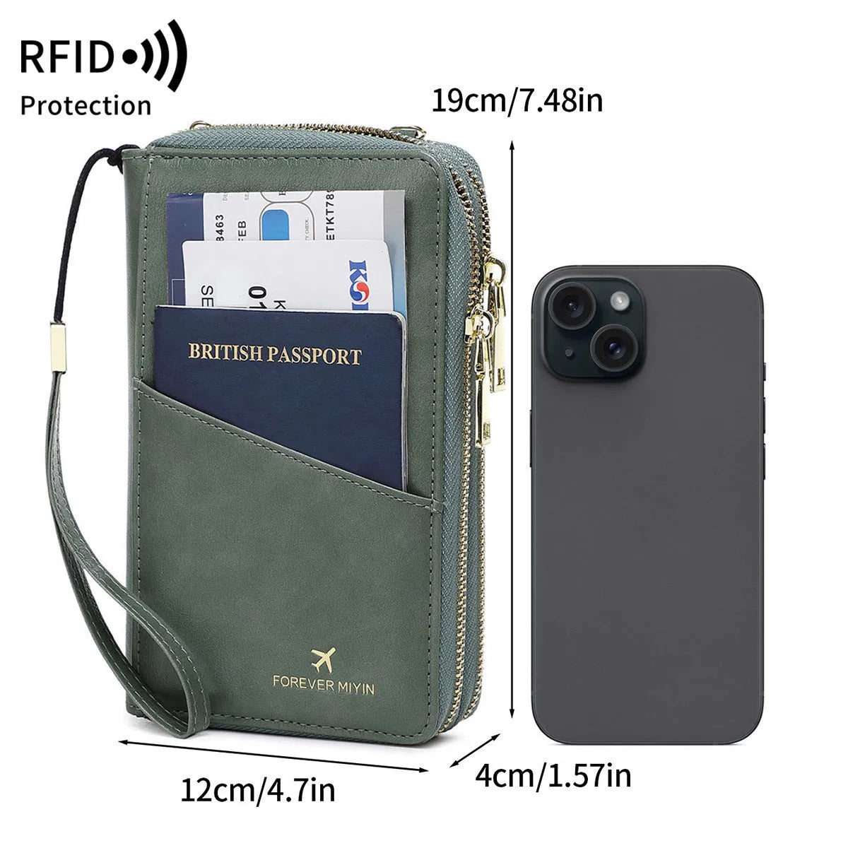 RFID multi-functional double zipper crossbody wallet in black with letter and stitching design