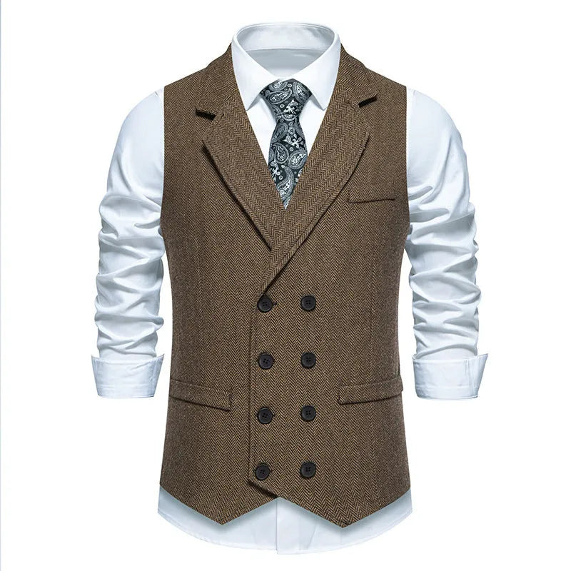Men's herringbone tweed suit vest with double-breasted retro lapels, slim fit, pleated patch pockets, solid colour, straight hem