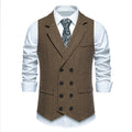 Men's herringbone tweed suit vest with double-breasted retro lapels, slim fit, pleated patch pockets, solid colour, straight hem