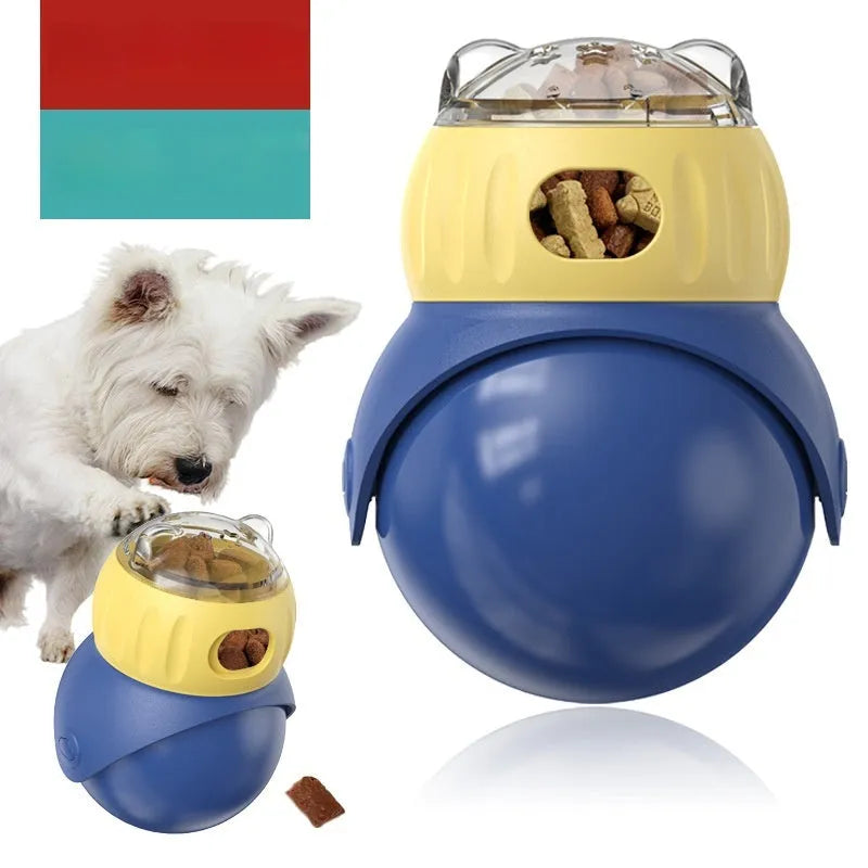 Morandi yellow and blue plastic tumbler owl puzzle cat toy for self-service feeding and mental stimulation.