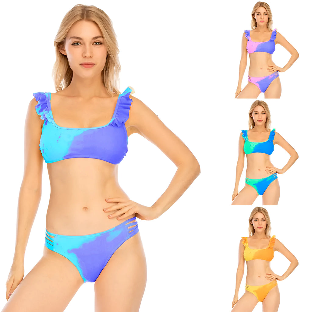 Women's colour-changing lace bikini swimsuit in blue to green backless gradient pattern polyester