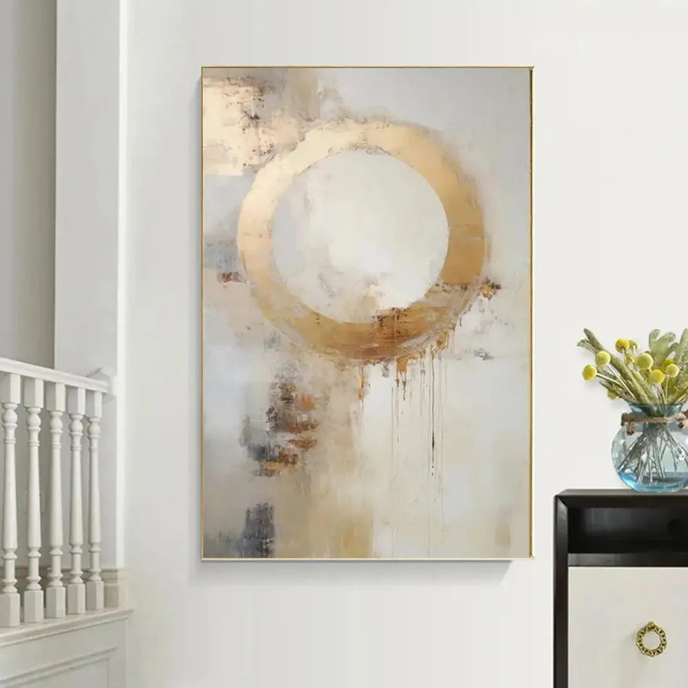 Handmade oil painting modern abstract golden circle on canvas for home decor, frameless unstretched, vertical orientation