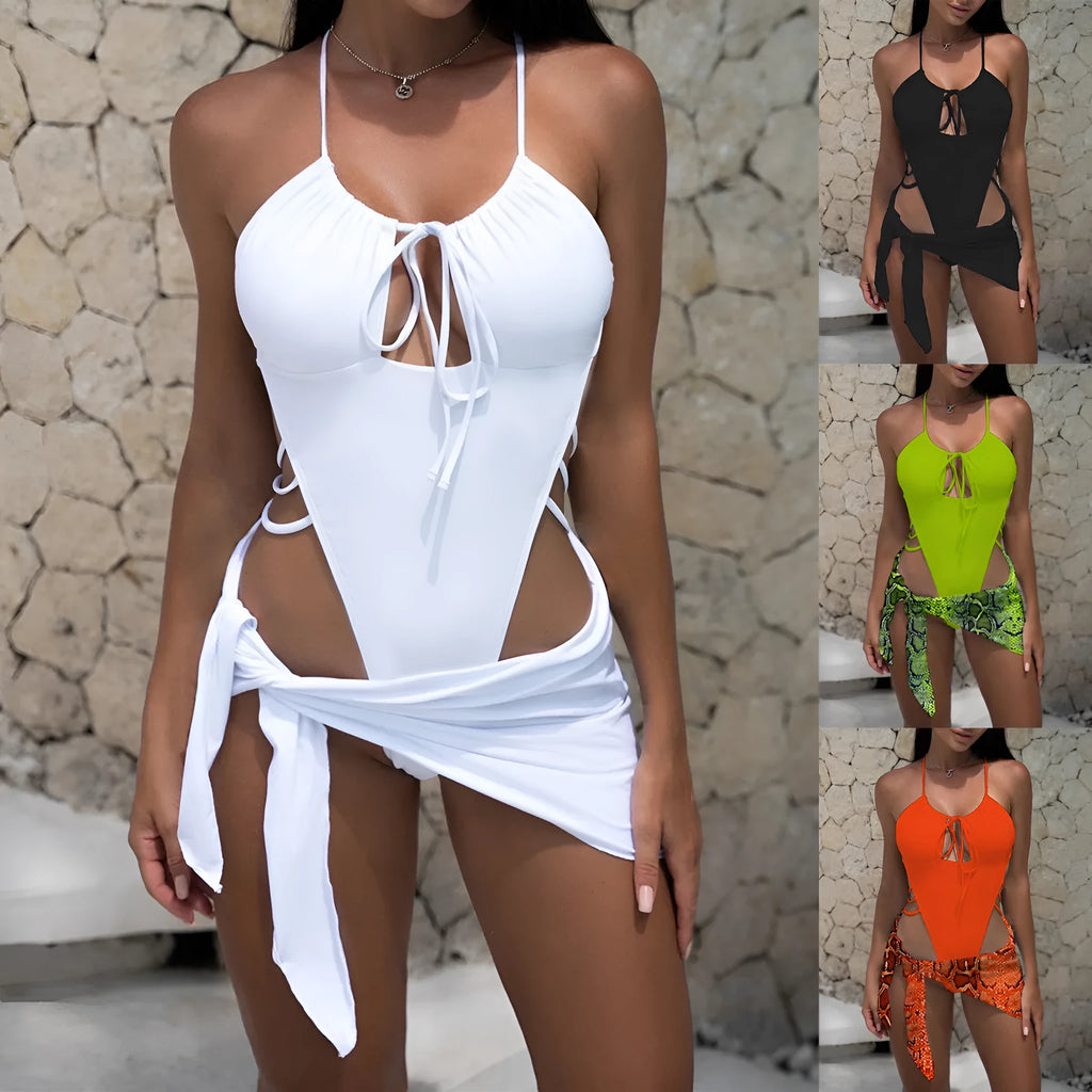 Women's one-piece swimsuit with spandex lining, available in black, green, orange, white, sizes S M L