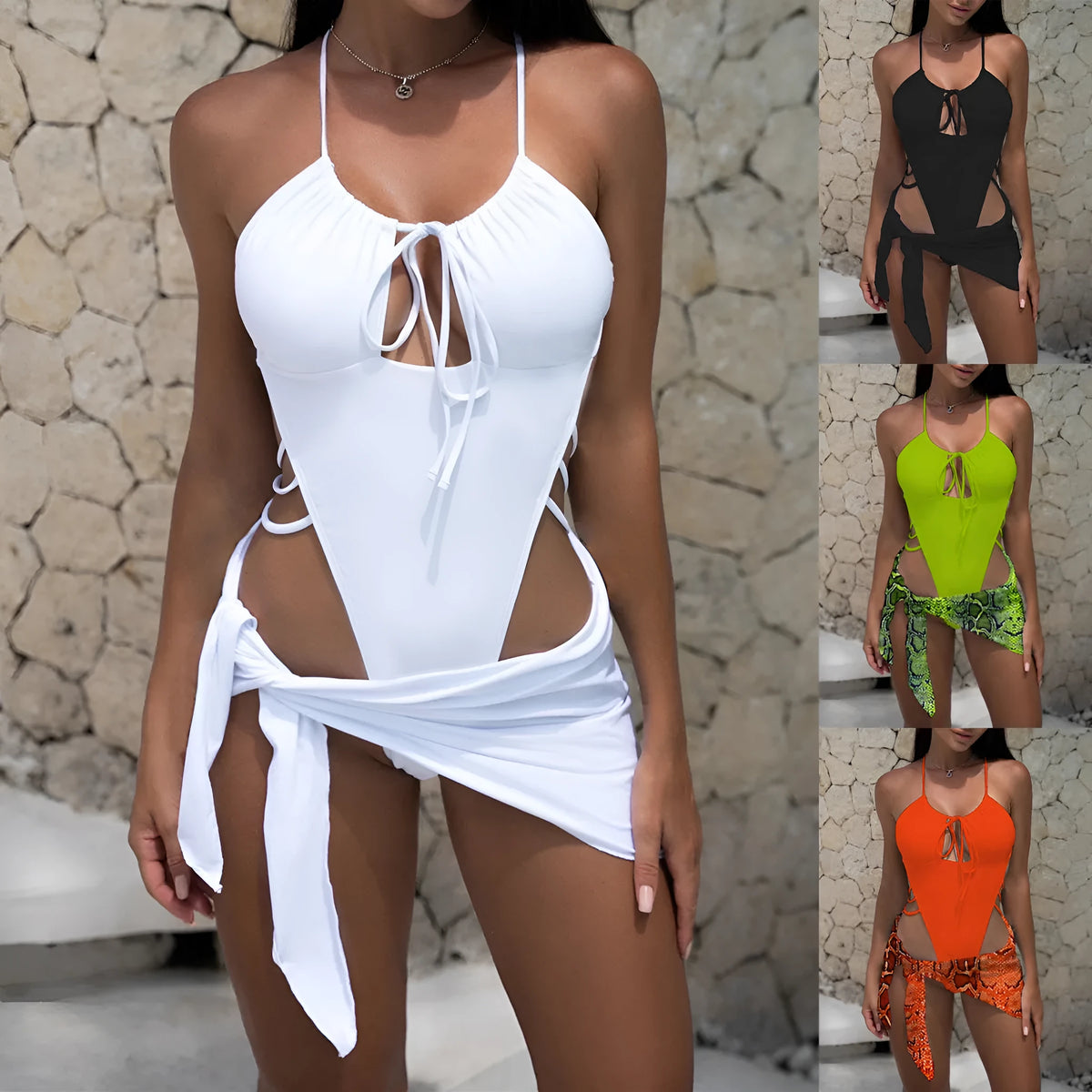 Women's one-piece swimsuit with spandex lining, available in black, green, orange, white, sizes S M L