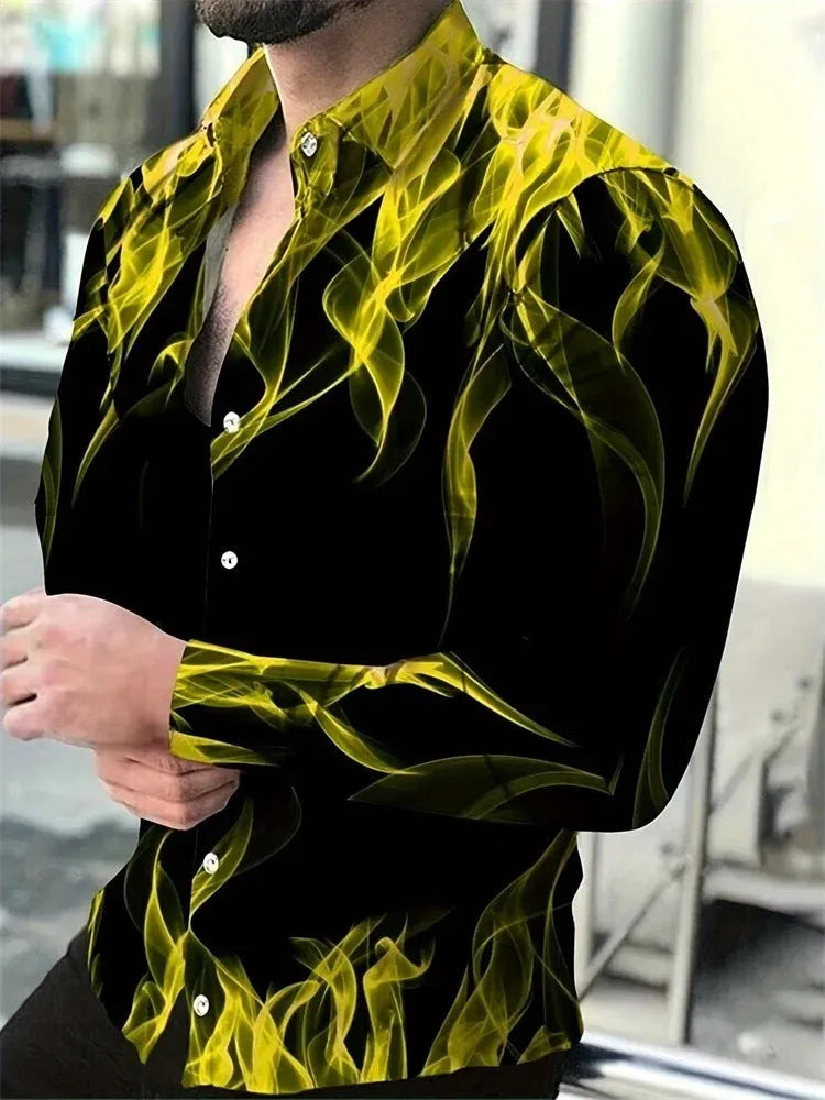Man wearing a loose-fitting floral print Hawaiian shirt with long sleeves.