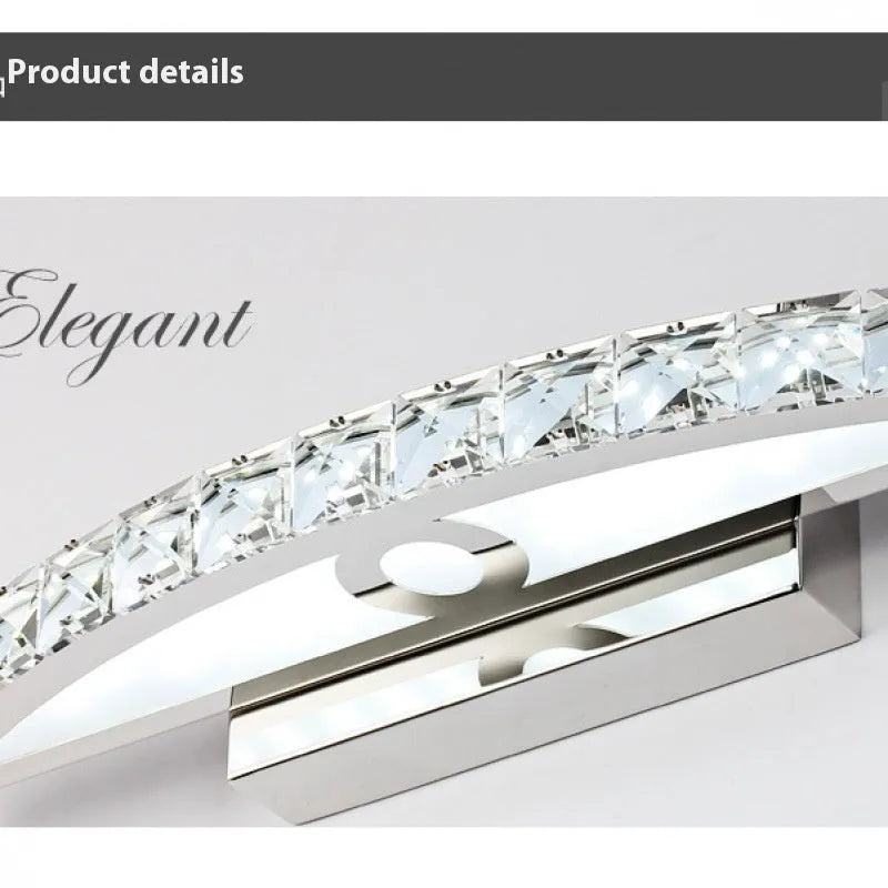 LED bathroom wall lamp with crystal mirror headlight, stainless steel hardware, available in 44cm 54cm or 70cm arc length
