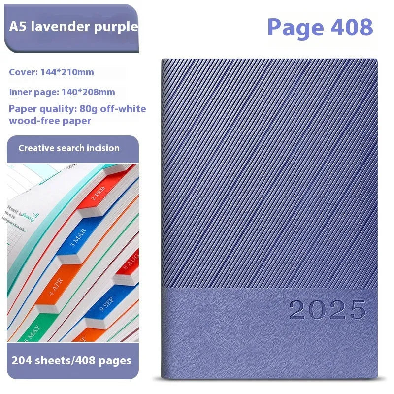 A4 striped PU leather business notepad open on a desk showing 80g paper, available in eight colours.