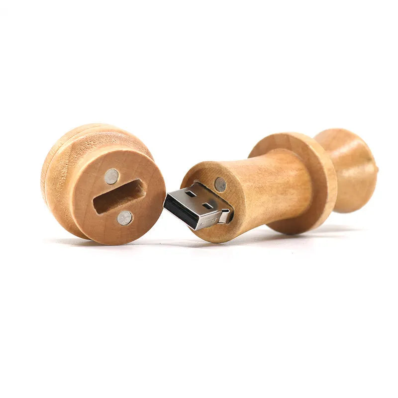 Wooden chess king USB flash drive in beige with USB 2.0 connector standing upright on a surface