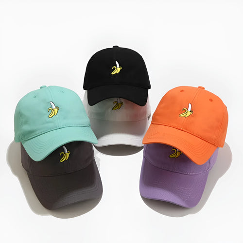 Curved dome crown baseball cap with embroidered banana fruit design in multiple colours