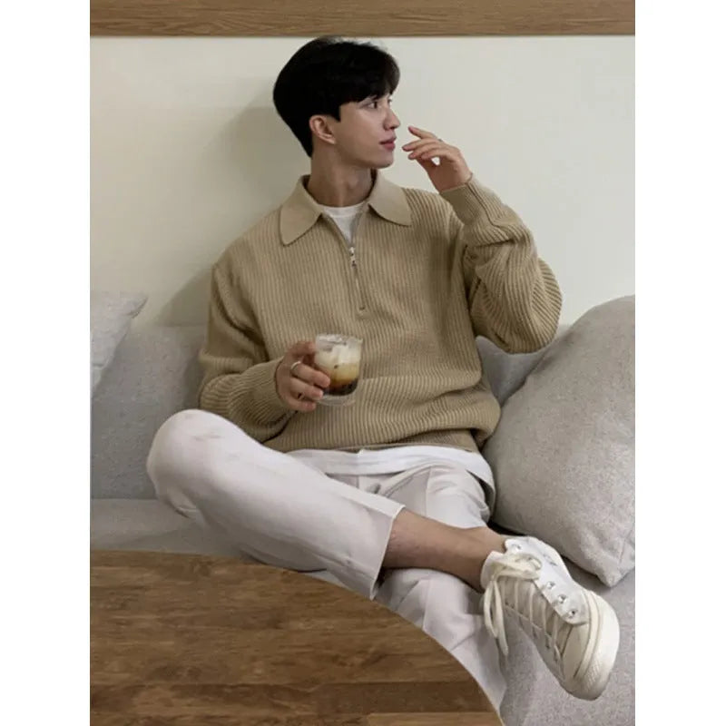 Long-sleeved solid colour sweater coat in polyester, available in khaki grey black