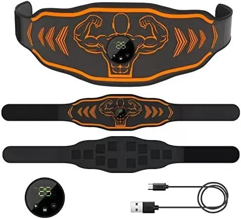 Blue and orange rechargeable EMS smart massage belt with timer and arm stickers.