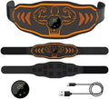 Blue and orange rechargeable EMS smart massage belt with timer and arm stickers.