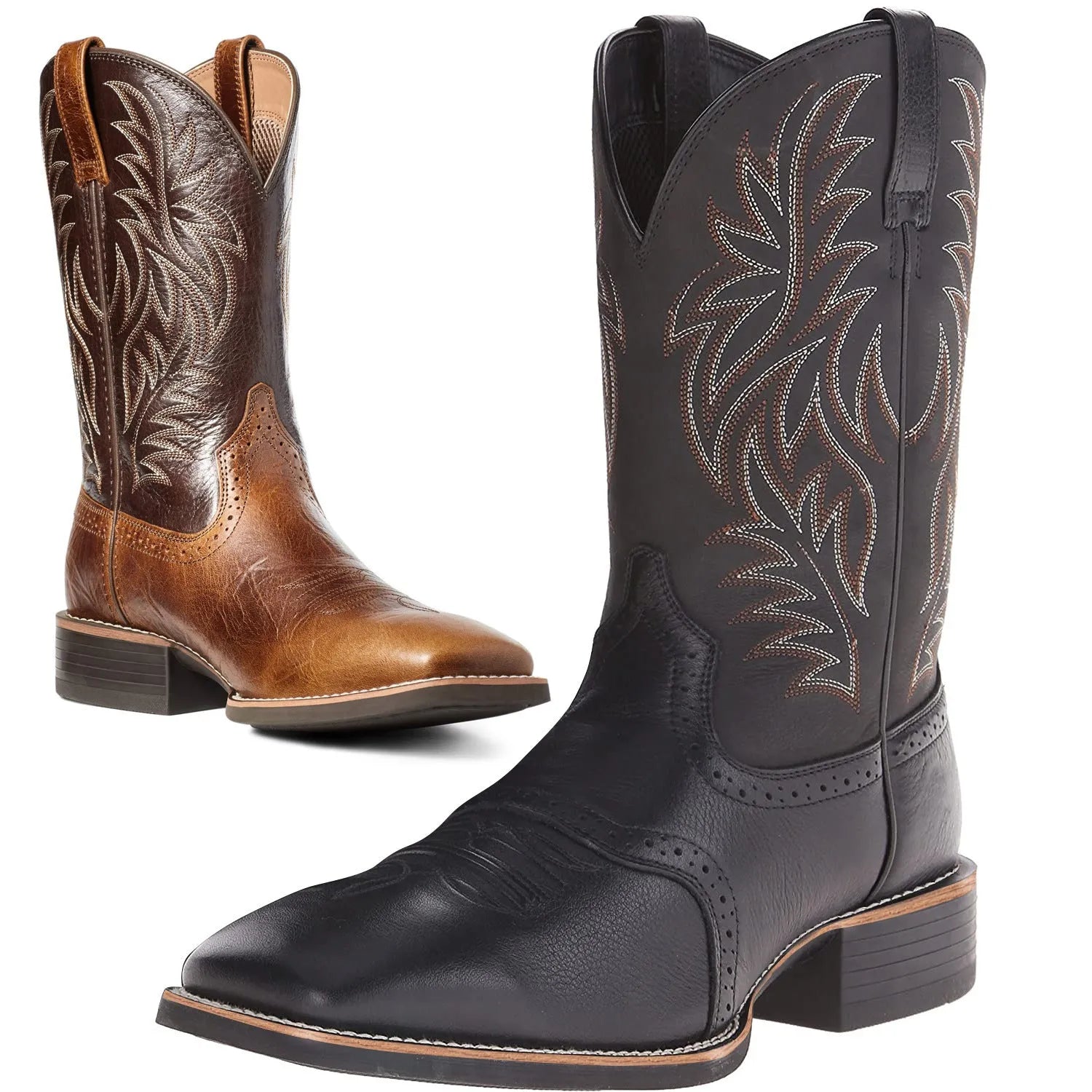 Men's black Western cowboy boots with embroidered detailing and square toe design