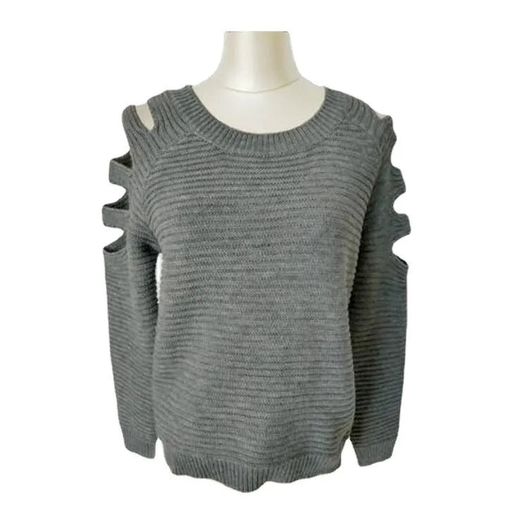 Women's white hollow-out knitted bottoming shirt with round neck and long sleeves