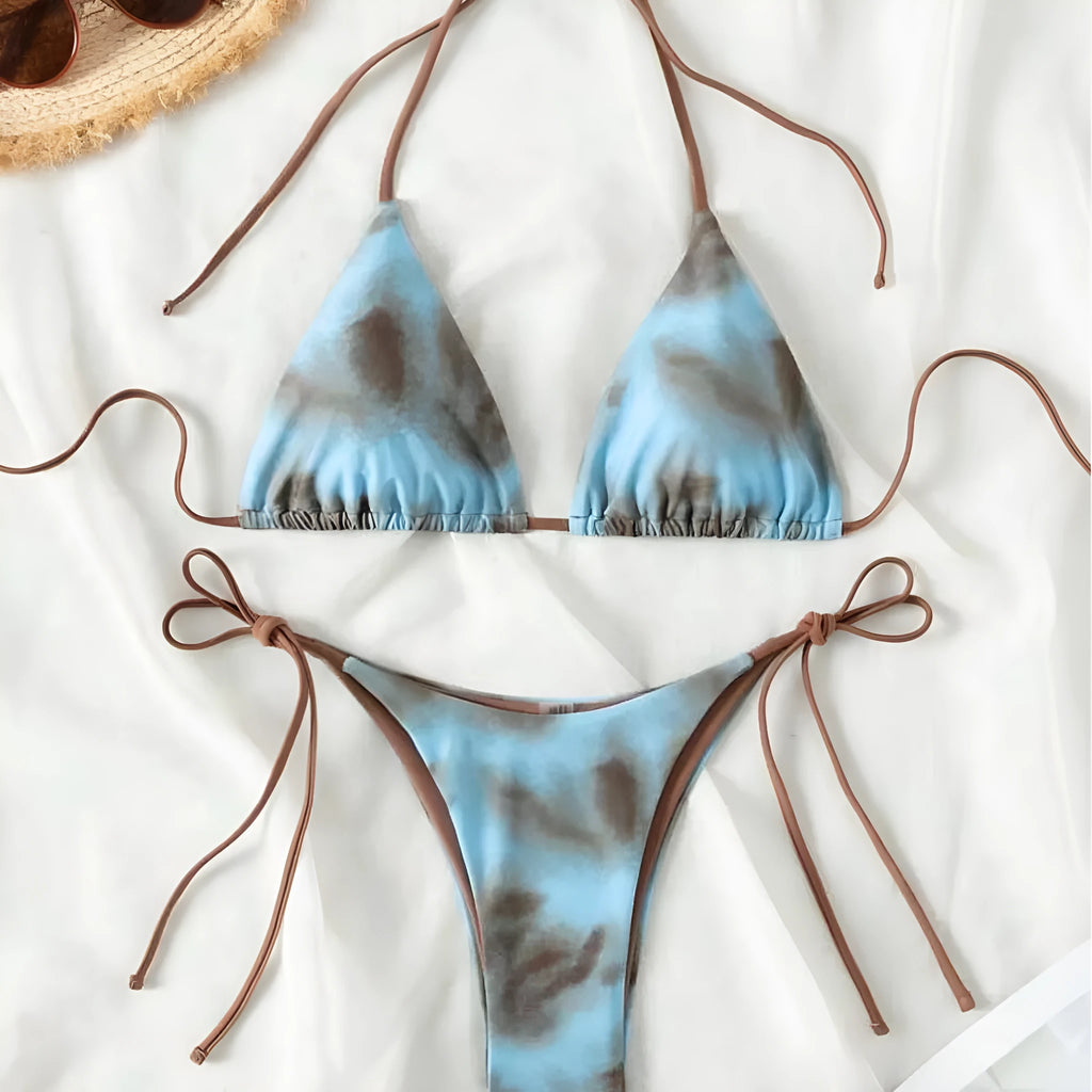 Women's two-piece lacing bikini set in brown and yellow polyester fabric