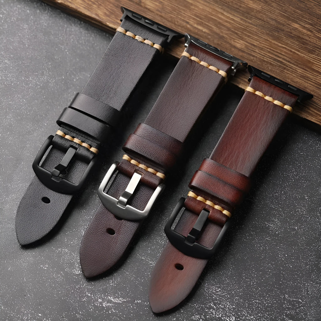 Handmade leather watch strap with stainless steel buckle in black, brown, and red colours