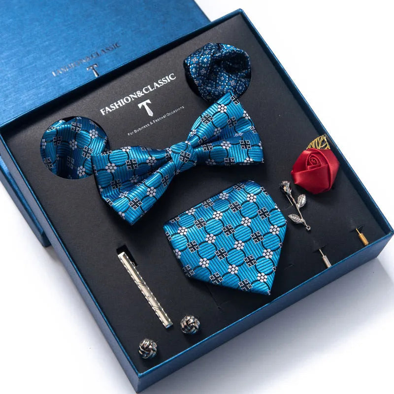 Men's 8-piece rayon jacquard bow tie set, heart shape arrow style, monochrome pattern, 146cm length